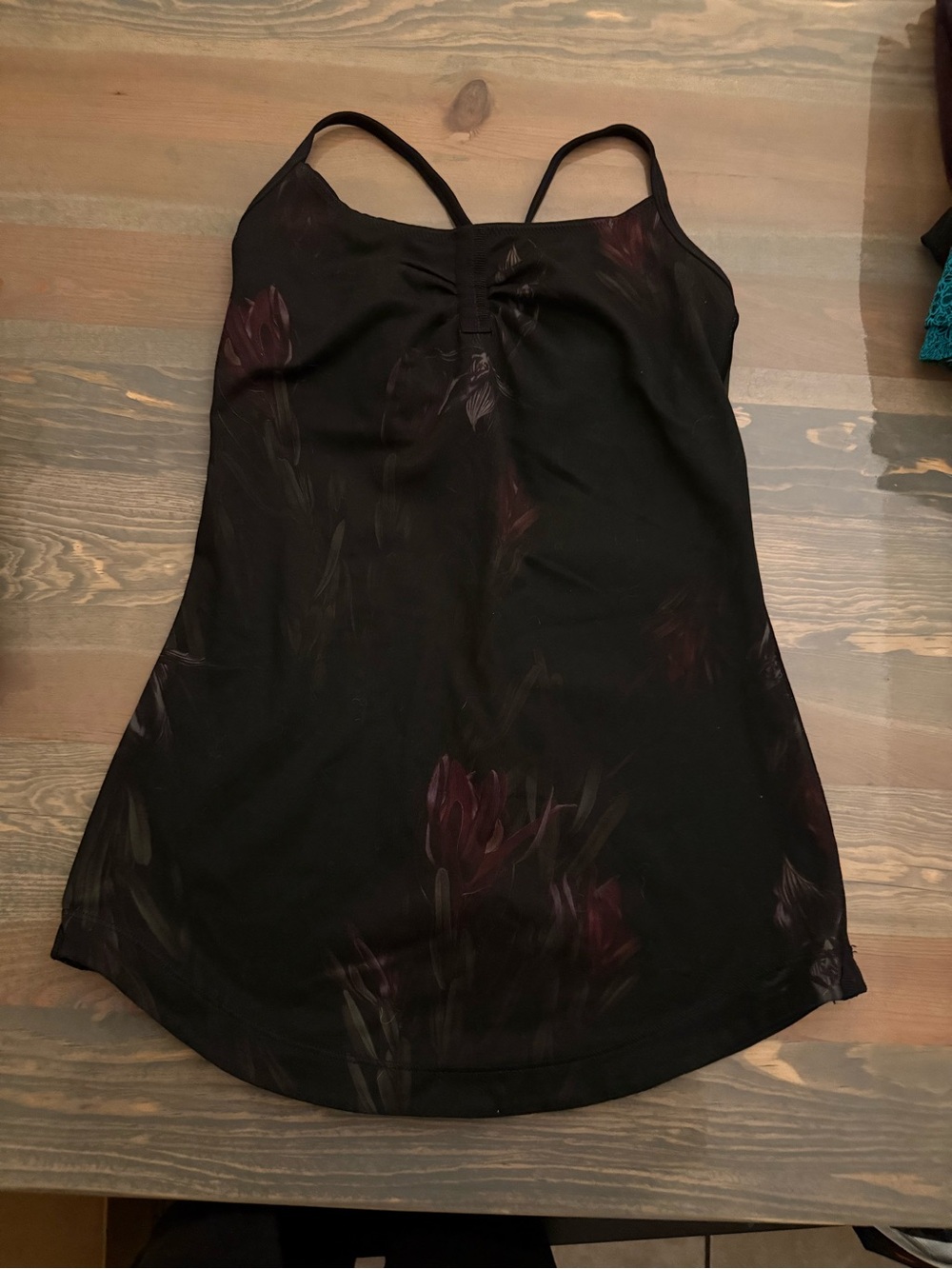 lululemon athletica Black Y power Tank Top with Burgundy purple Floral flower